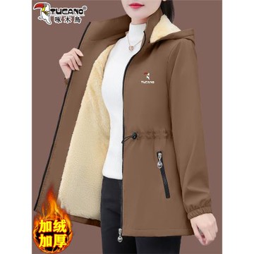 啄木鳥中長款外套女加絨2025年新款秋冬洋氣保暖加厚風衣夾克上衣