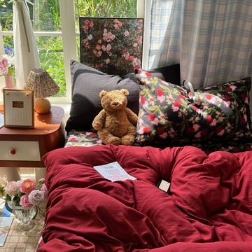 小眾高級感純色花卉拼色加厚水洗棉四件套三件套床單被套學生床單