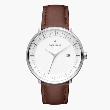 送禮首選★Nordgreen Philosopher哲學家 月光銀系列深棕真皮腕錶40mm(PH40SILEDBXX)  附提袋【全館滿額折價★APP下單點數4倍送】線上購買享_實體門市同步服務