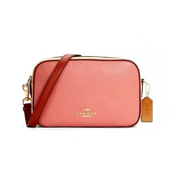 COACH - 拼接皮革拉鍊斜背方包 (莓粉配桔邊)