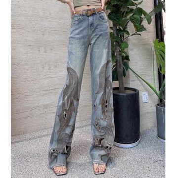 牛仔褲女2026夏季新款歐貨重工刺繡燙鉆高腰顯瘦直筒褲拖地褲