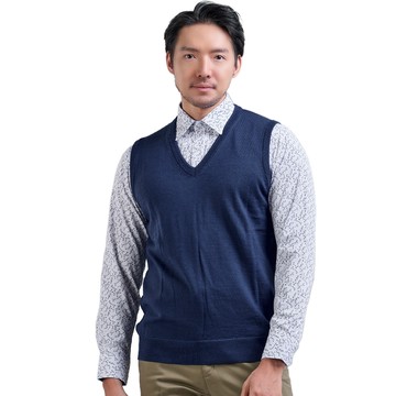 BARONECE 溫暖質感純羊毛V領毛衣背心_藍(353805-71)