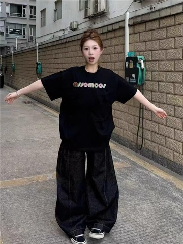 100%純棉黑色短袖t卹女潮牌夏季新款設計感小眾美式高街寬鬆