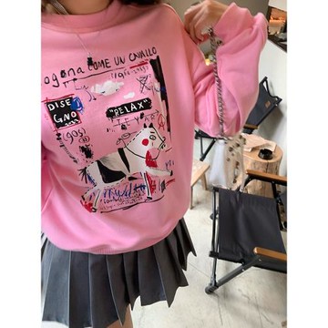 落落狷介 薄款衛衣2022新款女oversize粉色上衣外套早秋圓領套頭