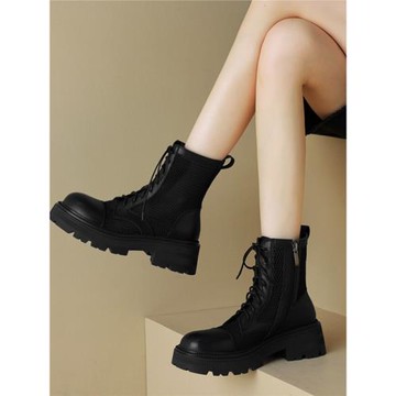 厚底透氣系帶薄款網紗馬丁靴2024夏季顯瘦涼靴短靴網靴女粗跟中跟