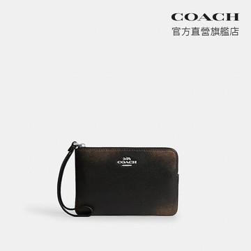 【COACH】 復古摯愛皮革角拉鍊手手腕包-SV/黑色 棕色(CFW89)｜官方直營