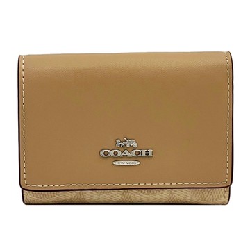 COACH 經典C LOGO三折拉鍊零錢袋鈔票短夾(蕎麥奶茶)