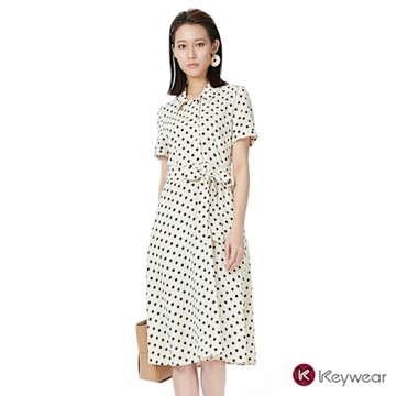 KeyWear奇威名品 復古波點短袖長洋裝-米色
