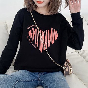 黑色衛衣女長袖寬松2022年秋冬新款薄款大碼印花時尚圓領無帽上衣