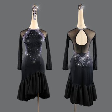 拉丁舞表演服成人專業性感露背時尚燙鉆插肩袖舞蹈臺賽服高檔新款
