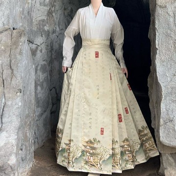 【望岳陽】明制印花飛機袖 國風馬面裙 漢服女 春秋日常通勤 改良漢服 日常漢服 馬面裙大尺碼 漢服女裝 漢服裙子