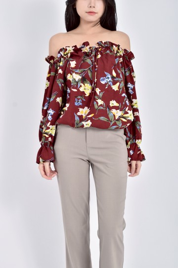 (M) 花卉紅色長袖上衣