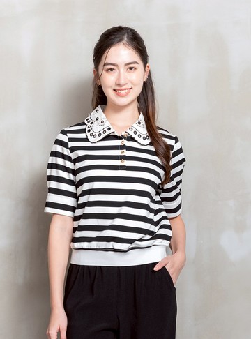 摩登巴黎雕花領條紋棉質上衣