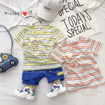 🌈✨mix1001❤️小熊玩偶🧸口袋造型上衣✨兒童亮色寬條上衣 5-17