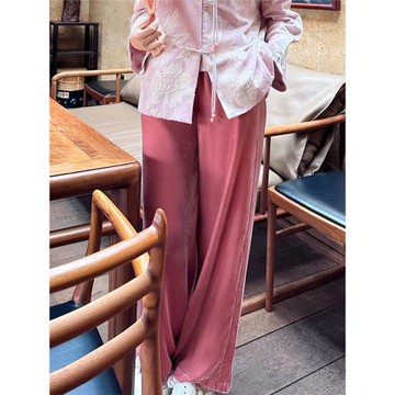 許北亭原創設計春秋新中式復古桑蠶絲直筒休閑寬松絲絨長褲松緊腰
