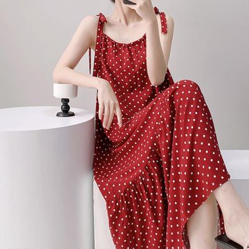 [韓國K.W.]韓國俏麗佳人高級棉稠寛下擺涼感休閒睡裙(背心裙/大面印花/連衣裙)