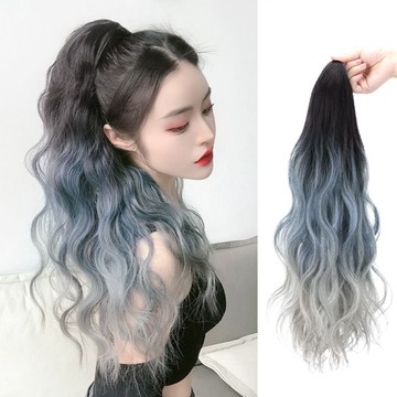 馬尾假髮女長髮抓夾式時尚漸變捲髮全新仿真高綁帶式水波紋假馬尾