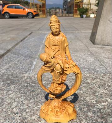 新款小葉黃楊木雕自在持書觀音家居飾品鎮宅擺件文玩實木工藝品1入