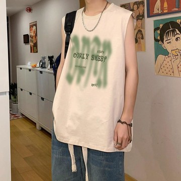 砍袖白色背心男夏寬鬆字母百搭運動汗衫青少年小領口坎肩無袖T恤無袖上衣 吸濕排汗運動背心 無袖背心 健身服跑步運動上衣