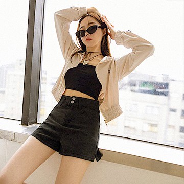 炒鹽洗色雙釦寬腰頭褲口開衩牛仔短褲-OB大尺碼