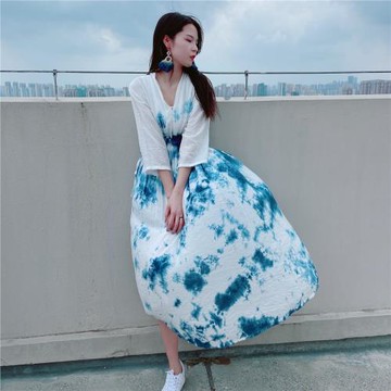 一澈扎染原創設計手工植物草木藍染飄逸長裙文藝抽繩天絲棉連衣裙