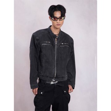 PLAN1ONE復古水洗做舊墊肩牛仔外套香菜同款立體無領廢土風機車服