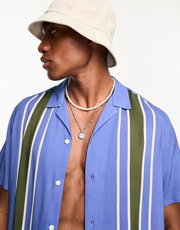 ASOS DESIGN relaxed revere shirt with placement bowling stripe-Blue