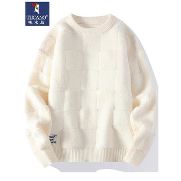 啄木鳥圓領毛衣男秋冬款韓式保暖針織衫休閑加厚打底衫內搭上衣服