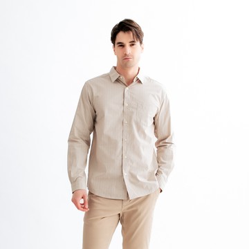 【City Casual】男裝-府綢布條紋長袖襯衫-淺卡其