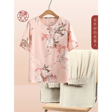 媽媽夏裝洋氣上衣服中老年女裝雪紡衫小個子奶奶夏季套裝新款T恤