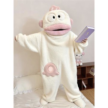 白色丑魚連體睡衣珊瑚絨秋冬季加厚保暖搞怪卡通睡袍大嘴魚加大碼