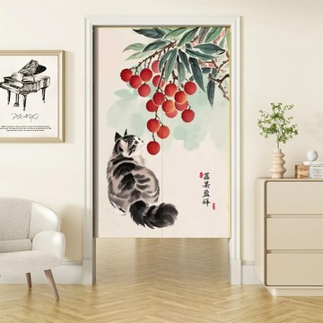 【嵐楓居家】長門簾風水簾-荔果盈祥／一片式（85cm*180cm日式門簾/門簾/風水簾/長門簾/免打孔穿桿門簾）_廠商直送