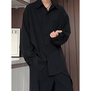 痞帥黑色長袖襯衫男款垂感夏季冷淡系高級感襯衣成熟穩重男裝外套