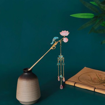 新款古風合金滴油蓮花發簪仿點翠景泰藍流蘇步搖氣質女頭飾簪子 z803