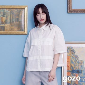 【gozo】立體打褶寬版短袖襯衫(白色/深卡其_F) | 女裝 襯衫領 百搭