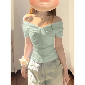 多巴胺v領短袖t恤一字肩女2024新款夏季修身法式掐腰辣妹正肩上衣短袖上衣 短款T恤 韓版上衣 辣妹上衣 夏日穿搭 修身