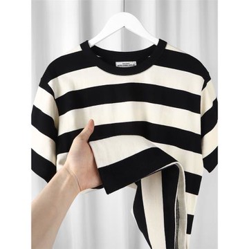 青春活力風！260g重磅黑白條紋短袖T恤 夏季復古撞色百搭半袖男女