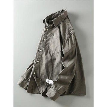 秋季新品日系復古暗格全棉水洗工裝男士簡約休閑純色長袖襯衫襯衣