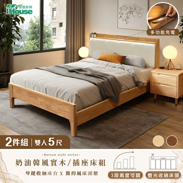 IHouse-奶油韓風實木房間2件組(909B床台+床頭櫃)