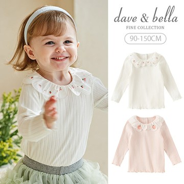 Dave&Bella 花瓣領水果刺繡坑條捲捲邊長袖上衣