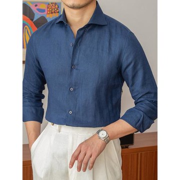 鹿三先生夏季薄款時尚長袖襯衫透氣亞麻修身百搭休閑襯衣潮流男