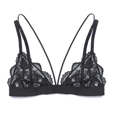 女性感透視蕾絲文胸無鋼圈文胸超薄款三角杯黑色透明綁帶誘惑內衣