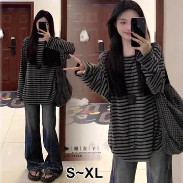 【QV5192】魔衣子-黑灰配色寬鬆條紋圓領長T