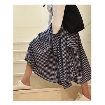 復古文藝穿搭格子半身裙女 松緊腰不規則下擺長裙春夏高腰顯瘦A裙