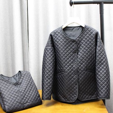 小香風菱格無領輕薄長袖棉衣棉服外套女秋冬百搭短款黑色上衣新款