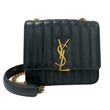 二手品 YSL 全皮直紋翻蓋金鏈鏈包 墨綠色
