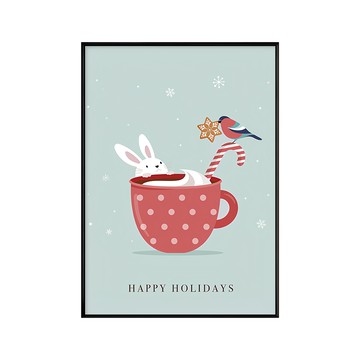 愛過節的小兔子  兔子馬克杯掛畫  Happy Holidays  40 x 30cm  黑色