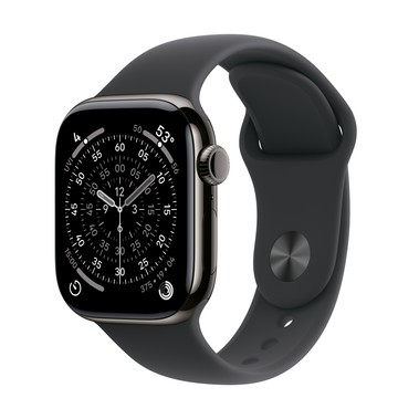 Apple Watch Series 11 (GPS + 行動網路)；42 公釐石瓦色鈦金屬錶殼；黑色運動型錶帶 - M/L