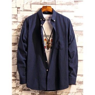 秋季牛津紡襯衫男長袖修身免燙韓版休閑藏青色襯衣青年寸衫學生裝