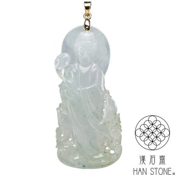 【漢石齋】天然翡翠A貨 觀音K金墜頭玉佩吊墜 冰種飄花(30*66*8mm)